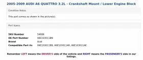 06E103011BN AUDI Crankshaft Mount Lower Engine Block A6 #3