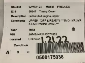 308-58347 HONDA Timing Cover Carbureted Engine Upper Prelude #3
