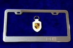 Metal Porsche License Plate Frame Accessory And Leather Fob With Crest. Fixed Price $38.00.